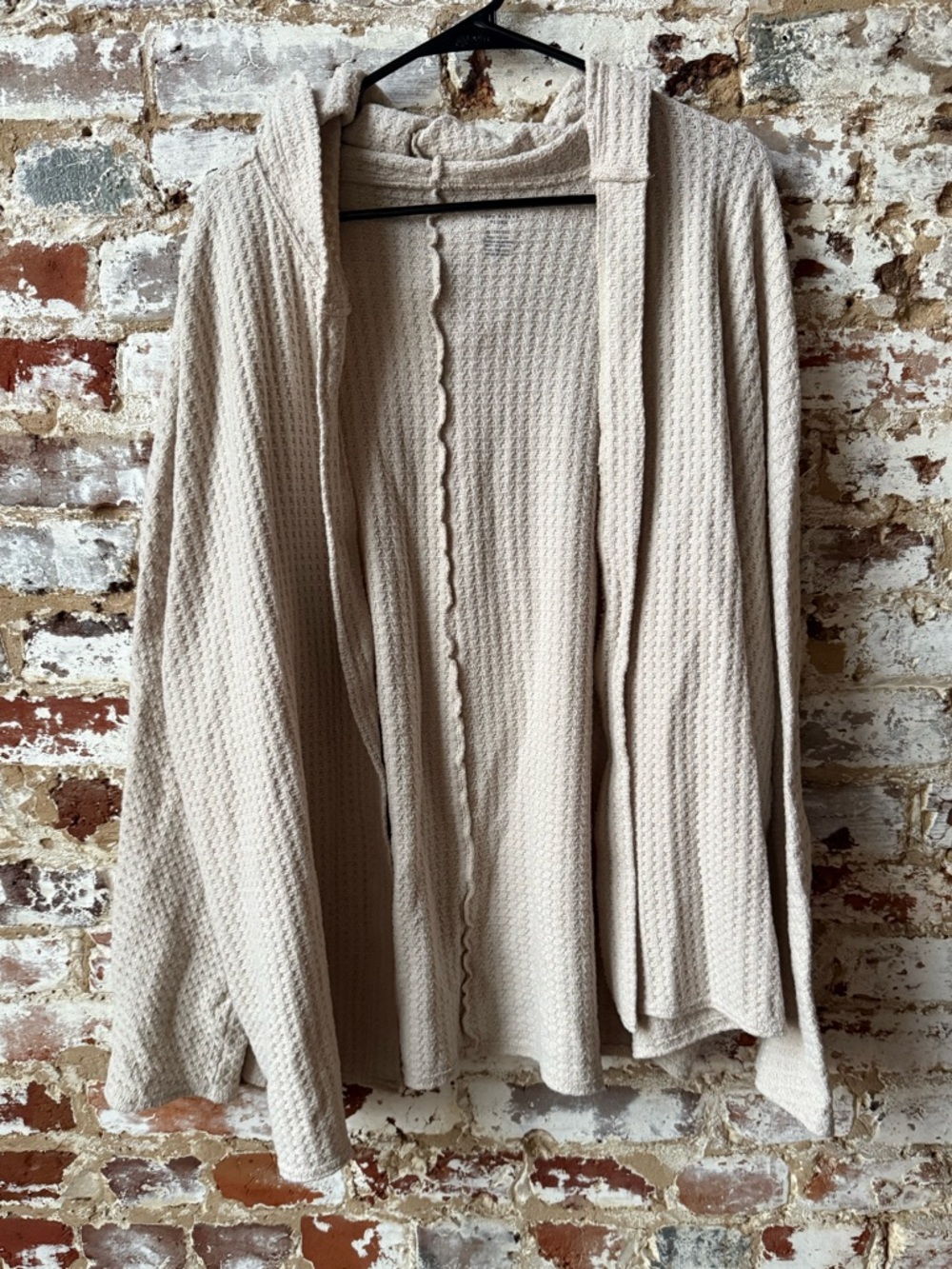 American Eagle Outfitters Cream Open-Front Waffle Knit Hooded Cardigan